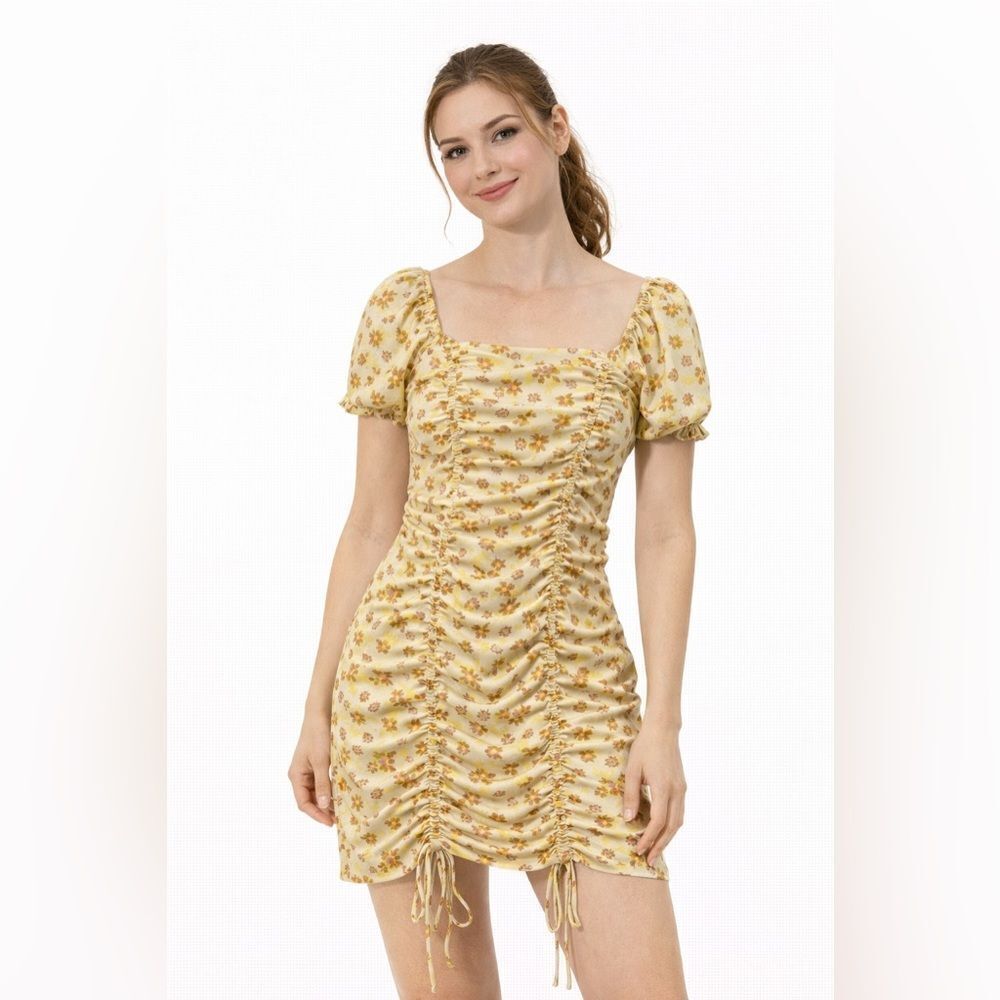 Botanik Studio Women's Yellow Floral Ruched Drawsting Mini Boho Dress Size Small